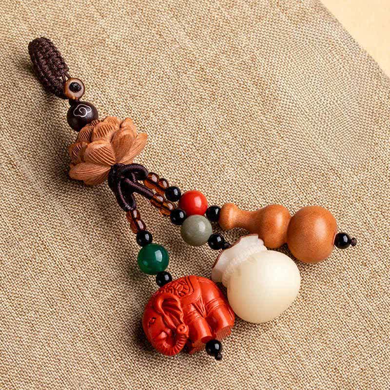 Buddha Stones Porte-clés porte-monnaie en bois de pêcher, personnage Fu, sac à argent, porte-clés éléphant en cinabre et calebasse de lotus - image 17