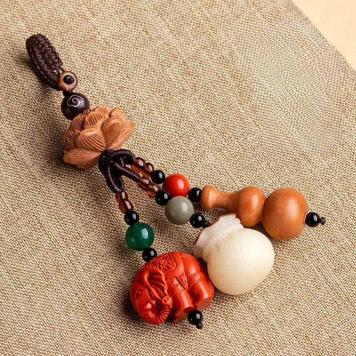 Buddha Stones Porte-clés porte-monnaie en bois de pêcher, personnage Fu, sac à argent, porte-clés éléphant en cinabre et calebasse de lotus - image 17