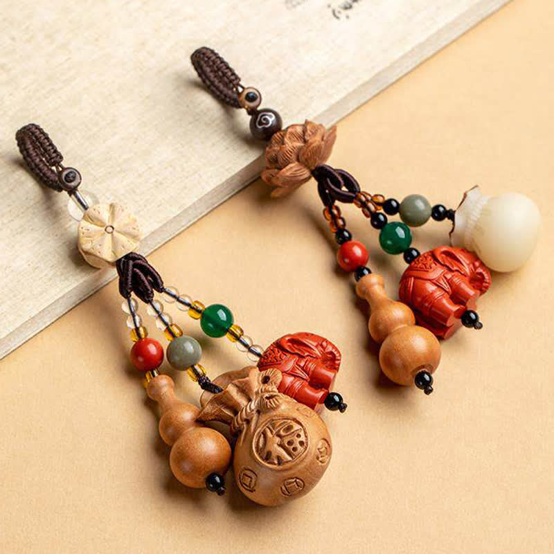Buddha Stones Porte-clés porte-monnaie en bois de pêcher, personnage Fu, sac à argent, porte-clés éléphant en cinabre et calebasse de lotus - image 24