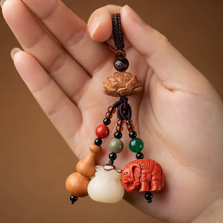 Buddha Stones Porte-clés porte-monnaie en bois de pêcher, personnage Fu, sac à argent, porte-clés éléphant en cinabre et calebasse de lotus - image 14