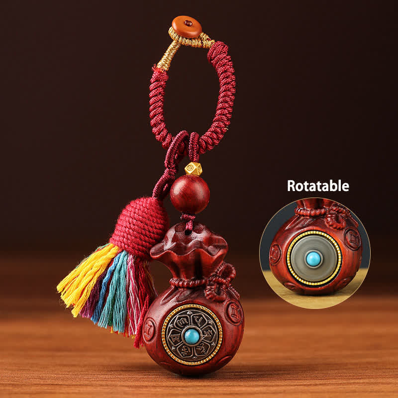 Buddha Stones Porte-clés porte-bonheur en bois de santal rouge Om Mani Padme Hum Sagesse Fortune - Pompon de sac d'argent - image 9