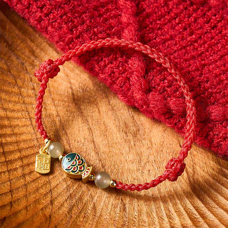Buddha Stones Bracelet de protection en perles de jade tissées à la main, orné d'un motif de carpe koï et de poissons fu. - Rouge (Tour de poignet : 15–21 cm) - image 11