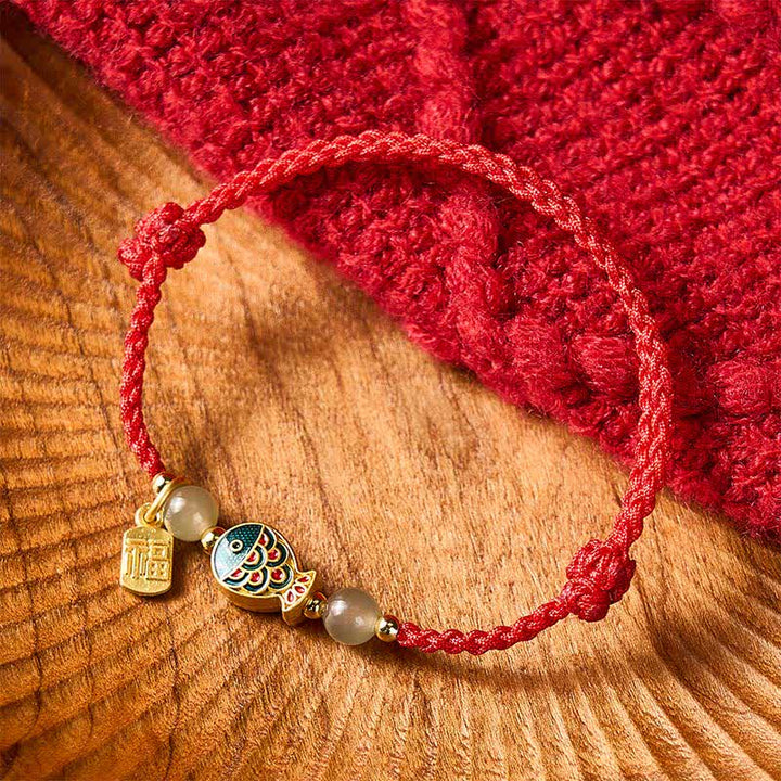 Buddha Stones Bracelet de protection en perles de jade tissées à la main, orné d'un motif de carpe koï et de poissons fu. - Rouge (Tour de poignet : 15–21 cm) - image 11