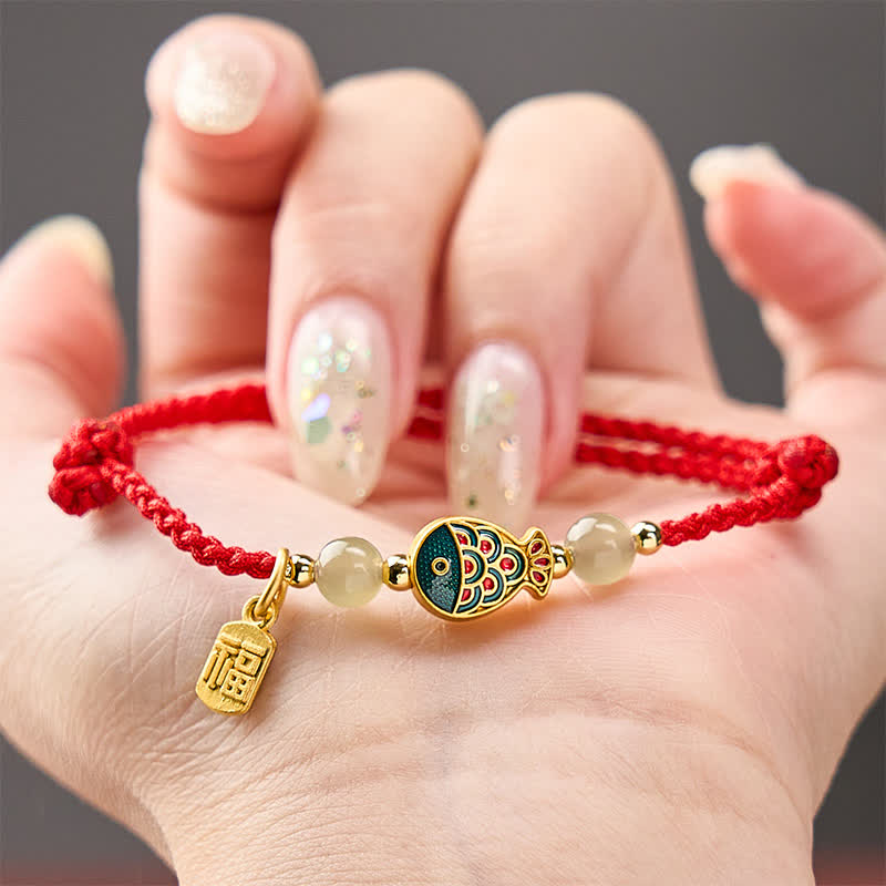 Buddha Stones Bracelet de protection en perles de jade tissées à la main, orné d'un motif de carpe koï et de poissons fu. - image 15