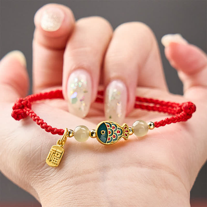 Buddha Stones Bracelet de protection en perles de jade tissées à la main, orné d'un motif de carpe koï et de poissons fu. - image 15