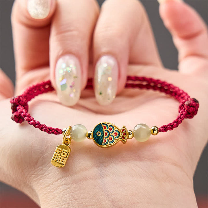 Buddha Stones Bracelet de protection en perles de jade tissées à la main, orné d'un motif de carpe koï et de poissons fu. - image 3