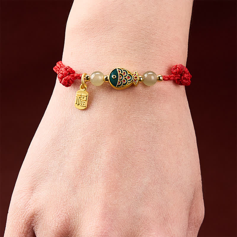 Buddha Stones Bracelet de protection en perles de jade tissées à la main, orné d'un motif de carpe koï et de poissons fu. - image 14