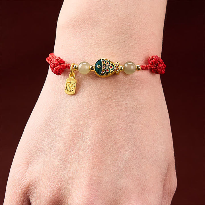 Buddha Stones Bracelet de protection en perles de jade tissées à la main, orné d'un motif de carpe koï et de poissons fu. - image 14