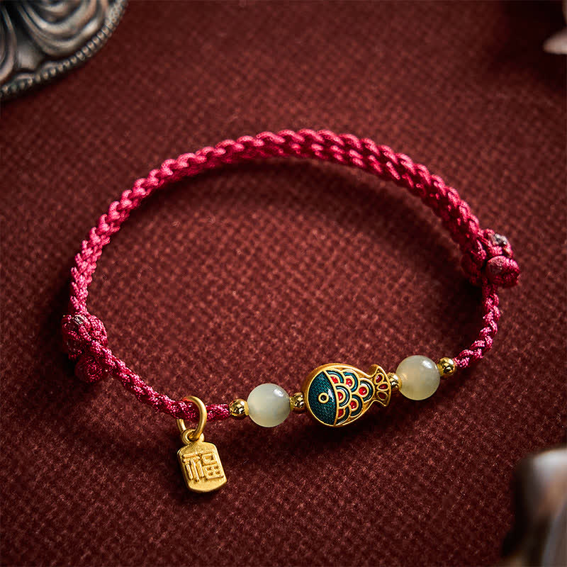 Buddha Stones Bracelet de protection en perles de jade tissées à la main, orné d'un motif de carpe koï et de poissons fu. - Rouge foncé (Tour de poignet : 15–21 cm) - image 0