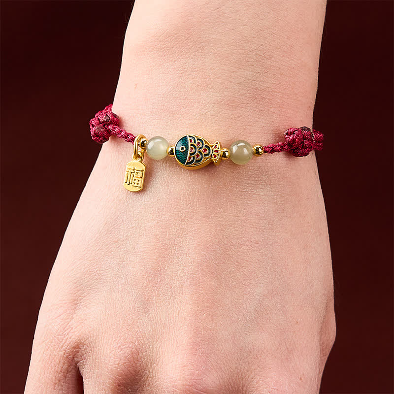 Buddha Stones Bracelet de protection en perles de jade tissées à la main, orné d'un motif de carpe koï et de poissons fu. - image 4