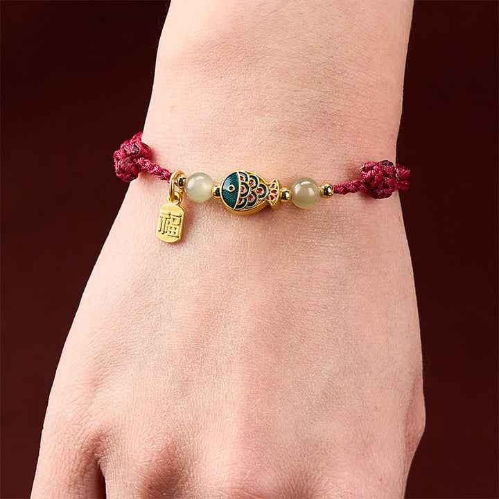 Buddha Stones Bracelet de protection en perles de jade tissées à la main, orné d'un motif de carpe koï et de poissons fu. - image 4