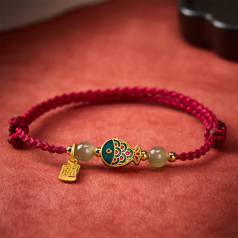 Buddha Stones Bracelet de protection en perles de jade tissées à la main, orné d'un motif de carpe koï et de poissons fu. - image 1