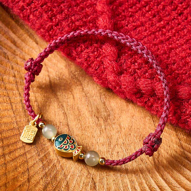 Buddha Stones Bracelet de protection en perles de jade tissées à la main, orné d'un motif de carpe koï et de poissons fu. - image 2