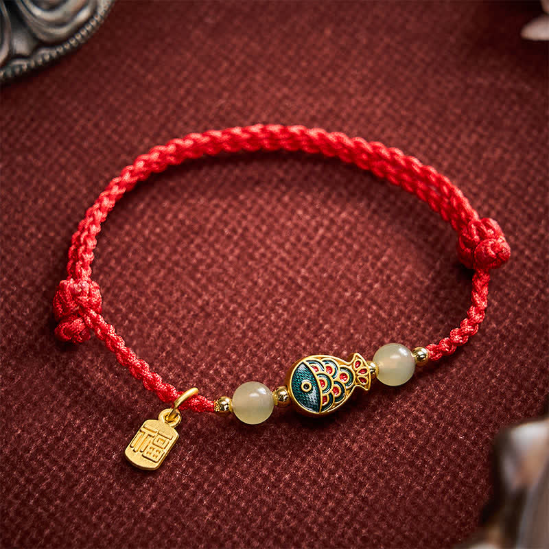 Buddha Stones Bracelet de protection en perles de jade tissées à la main, orné d'un motif de carpe koï et de poissons fu. - image 13