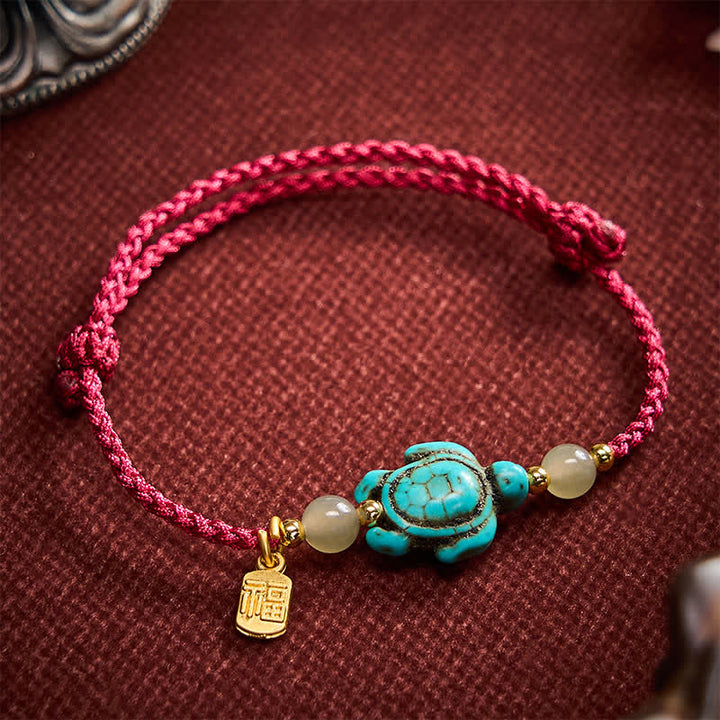 Buddha Stones Bracelet porte-bonheur en perles de jade et perles turquoise tissées à la main, orné d'une tortue Fu. - Rouge foncé (Tour de poignet : 15–21 cm) - image 0