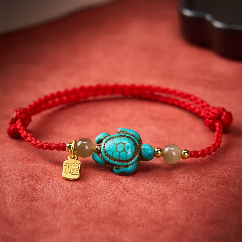 Buddha Stones Bracelet porte-bonheur en perles de jade et perles turquoise tissées à la main, orné d'une tortue Fu. - image 12