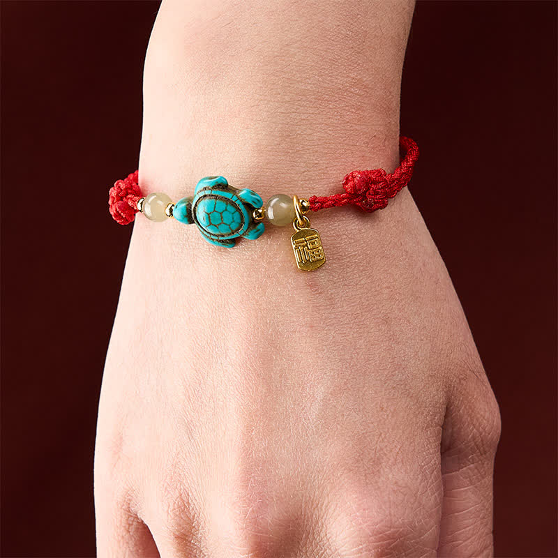 Buddha Stones Bracelet porte-bonheur en perles de jade et perles turquoise tissées à la main, orné d'une tortue Fu. - image 14
