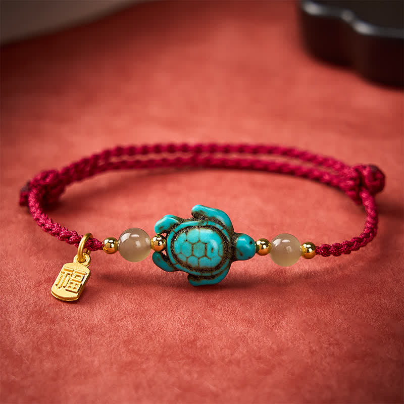 Buddha Stones Bracelet porte-bonheur en perles de jade et perles turquoise tissées à la main, orné d'une tortue Fu. - image 1
