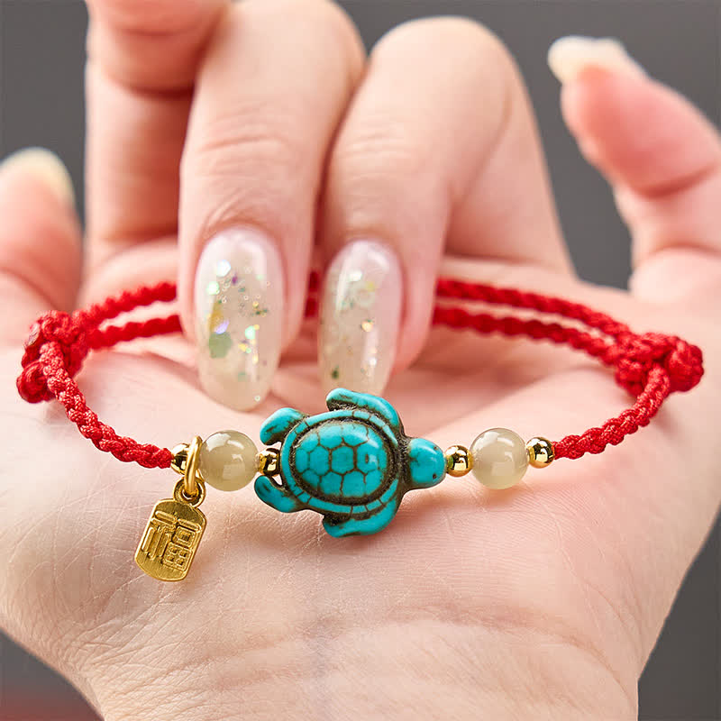 Buddha Stones Bracelet porte-bonheur en perles de jade et perles turquoise tissées à la main, orné d'une tortue Fu. - image 13