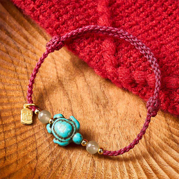Buddha Stones Bracelet porte-bonheur en perles de jade et perles turquoise tissées à la main, orné d'une tortue Fu. - image 2