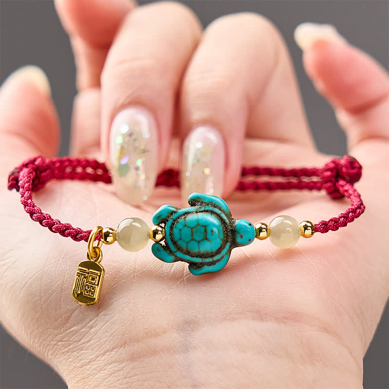 Buddha Stones Bracelet porte-bonheur en perles de jade et perles turquoise tissées à la main, orné d'une tortue Fu. - image 3