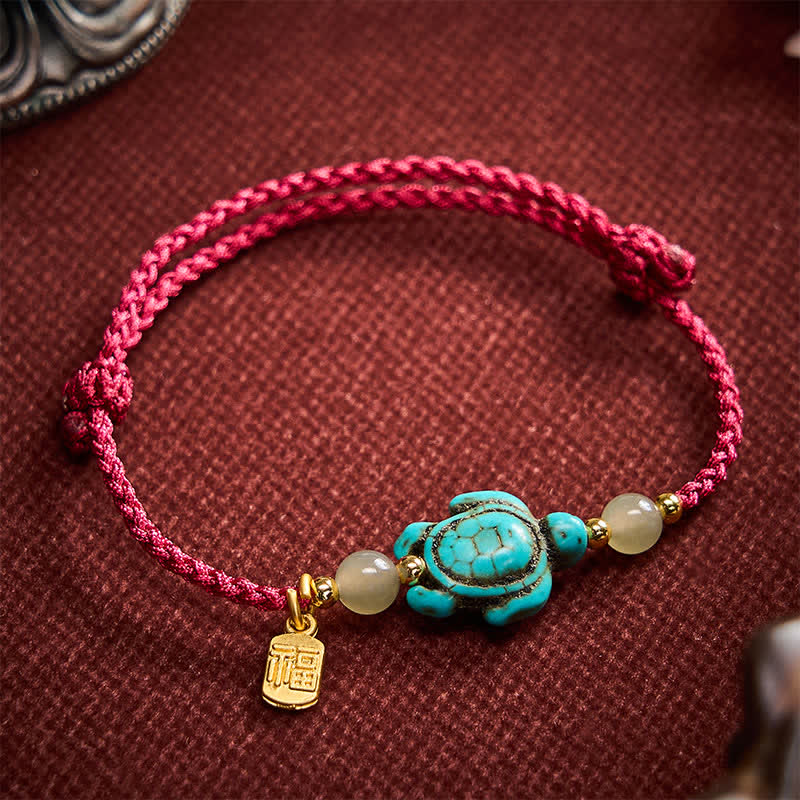 Buddha Stones Bracelet porte-bonheur en perles de jade et perles turquoise tissées à la main, orné d'une tortue Fu. - Rouge foncé (Tour de poignet : 15–21 cm) - image 0