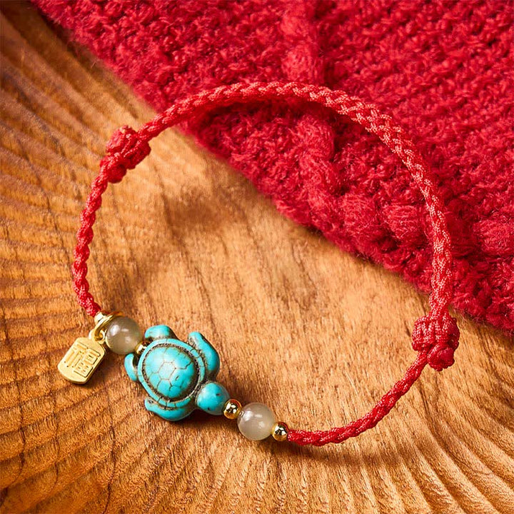 Buddha Stones Bracelet porte-bonheur en perles de jade et perles turquoise tissées à la main, orné d'une tortue Fu. - Rouge (Tour de poignet : 15–21 cm) - image 10