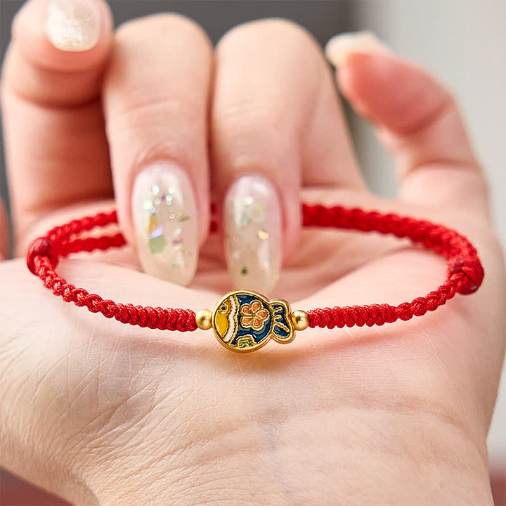 Buddha Stones Bracelet de protection en corde rouge tissée à la main avec motif de carpe koï et fleurs cyan - image 3