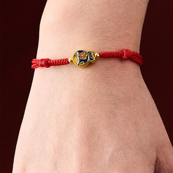 Buddha Stones Bracelet de protection en corde rouge tissée à la main avec motif de carpe koï et fleurs cyan - image 4