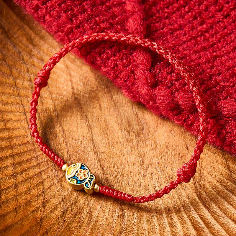 Buddha Stones Bracelet de protection en corde rouge tissée à la main avec motif de carpe koï et fleurs cyan - image 1
