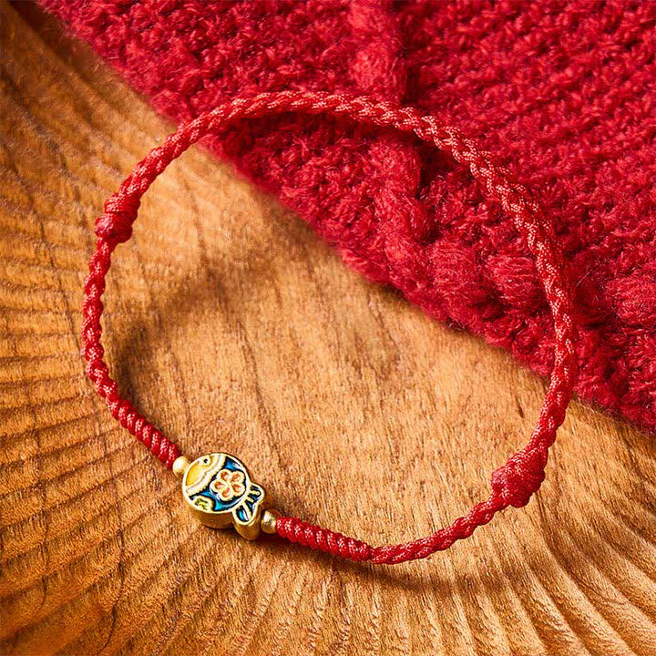 Buddha Stones Bracelet de protection en corde rouge tissée à la main avec motif de carpe koï et fleurs cyan - image 1