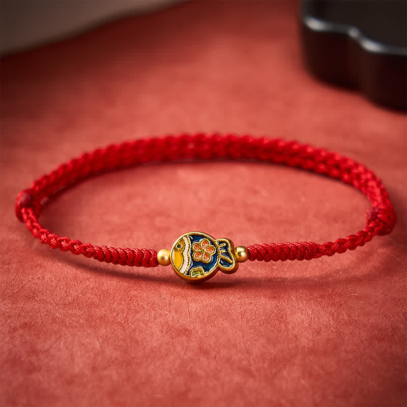 Buddha Stones Bracelet de protection en corde rouge tissée à la main avec motif de carpe koï et fleurs cyan - Rouge (Tour de poignet : 15–21 cm) - image 0