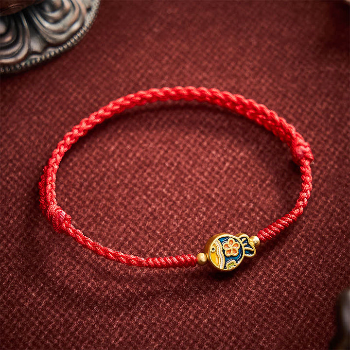 Buddha Stones Bracelet de protection en corde rouge tissée à la main avec motif de carpe koï et fleurs cyan - image 2