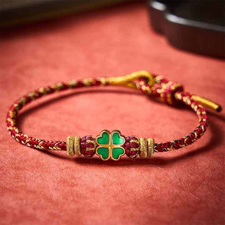Buddha Stones Bracelet en corde tressée à la main en forme de cœur avec un trèfle à quatre feuilles vert, symbole de force. - image 12