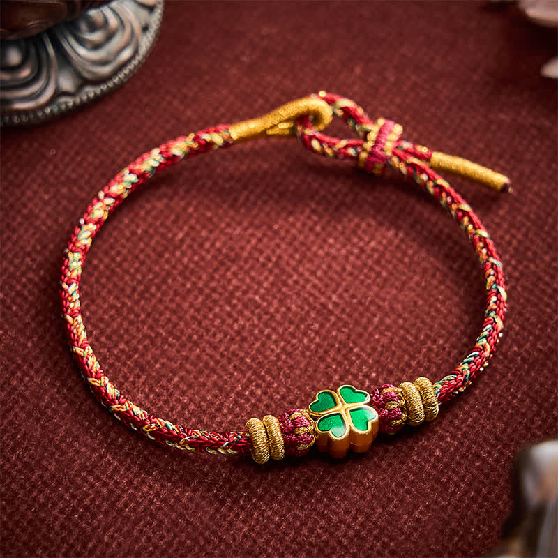Buddha Stones Bracelet en corde tressée à la main en forme de cœur avec un trèfle à quatre feuilles vert, symbole de force. - image 11