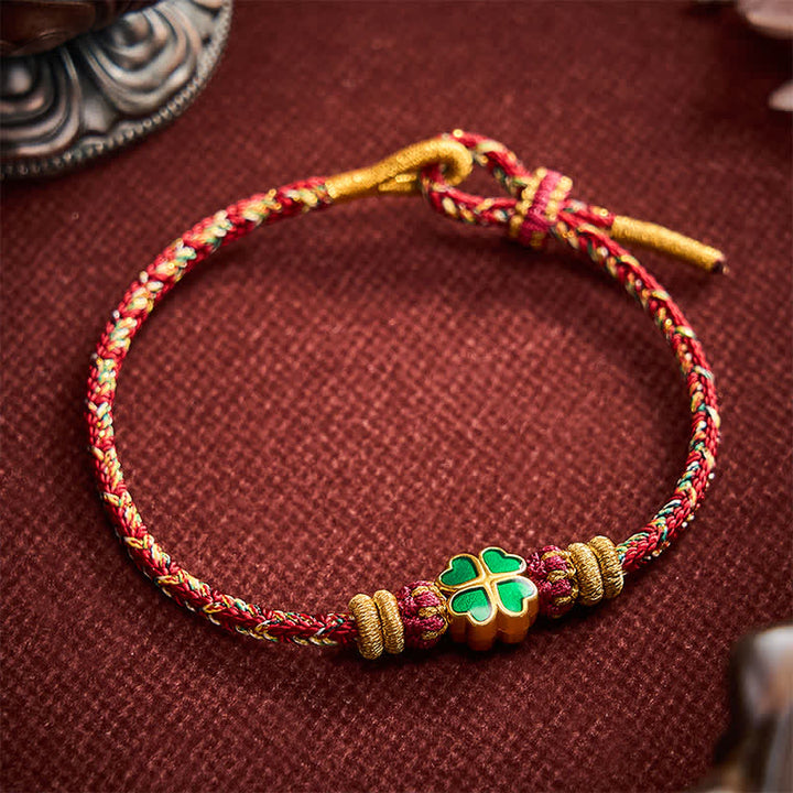 Buddha Stones Bracelet en corde tressée à la main en forme de cœur avec un trèfle à quatre feuilles vert, symbole de force. - image 11