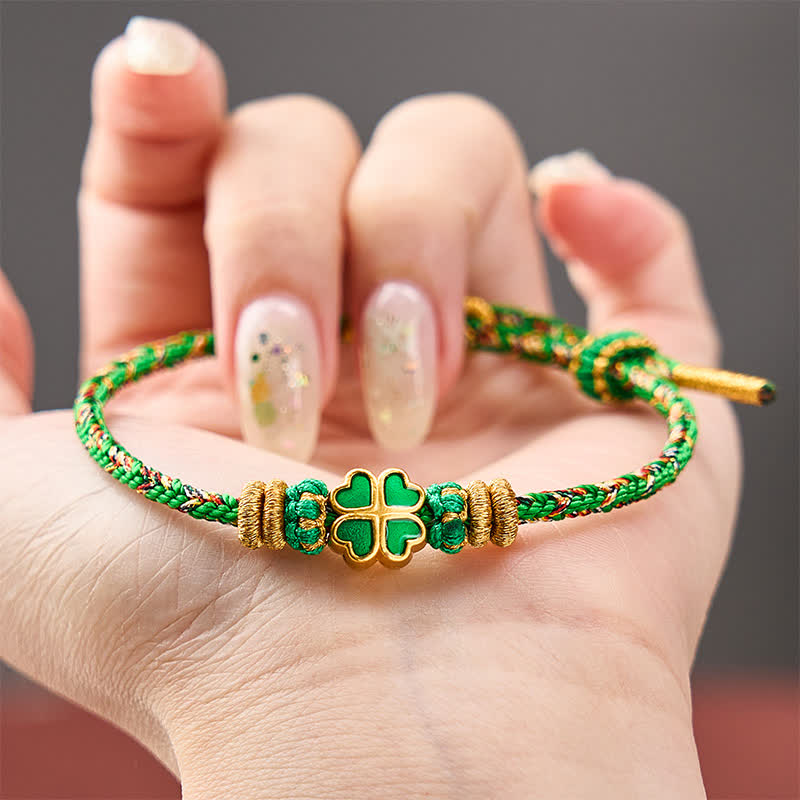 Buddha Stones Bracelet en corde tressée à la main en forme de cœur avec un trèfle à quatre feuilles vert, symbole de force. - image 4