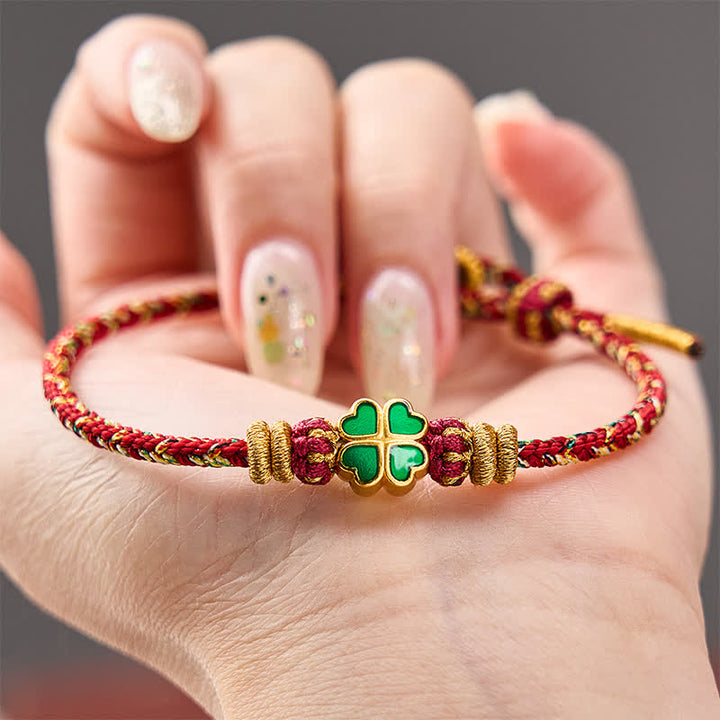 Buddha Stones Bracelet en corde tressée à la main en forme de cœur avec un trèfle à quatre feuilles vert, symbole de force. - image 13