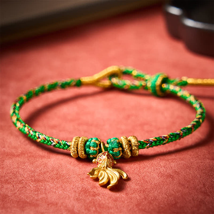 Buddha Stones Bracelet porte-bonheur en corde verte avec motif de carpes koï rouges tissées à la main - image 2