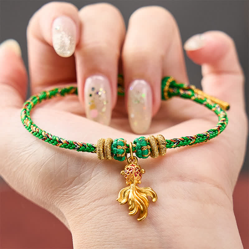 Buddha Stones Bracelet porte-bonheur en corde verte avec motif de carpes koï rouges tissées à la main - image 3