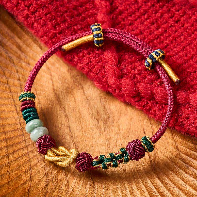 Buddha Stones Bracelet en perles de jade porte-bonheur tissées à la main avec des fleurs de pêcher et un cordon rouge - Rouge (Tour de poignet : 15-18 cm) - image 0