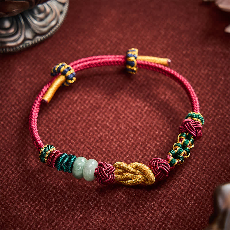 Buddha Stones Bracelet en perles de jade porte-bonheur tissées à la main avec des fleurs de pêcher et un cordon rouge - image 9