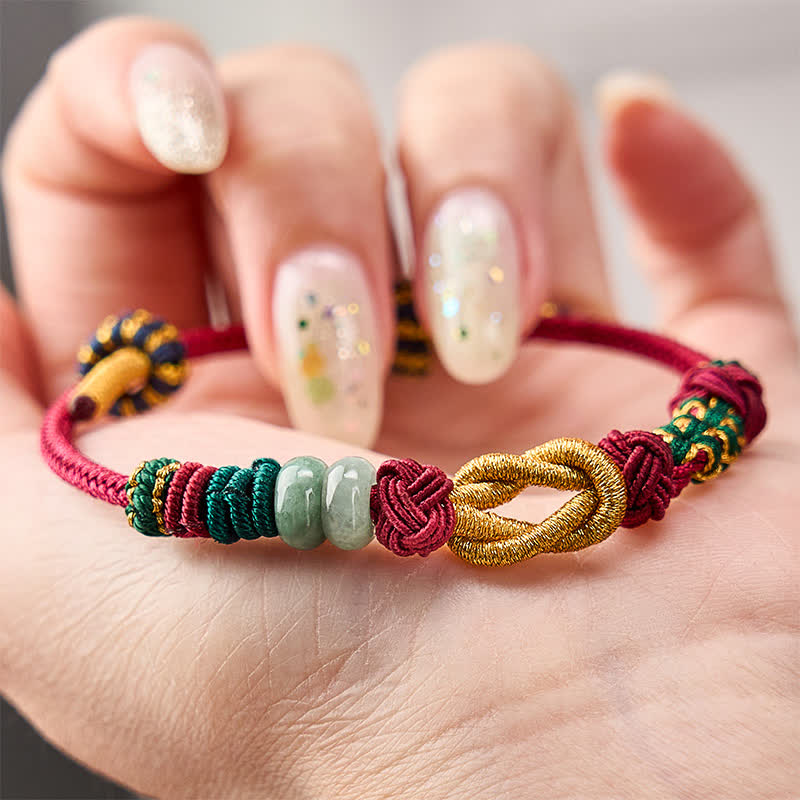 Buddha Stones Bracelet en perles de jade porte-bonheur tissées à la main avec des fleurs de pêcher et un cordon rouge - image 3