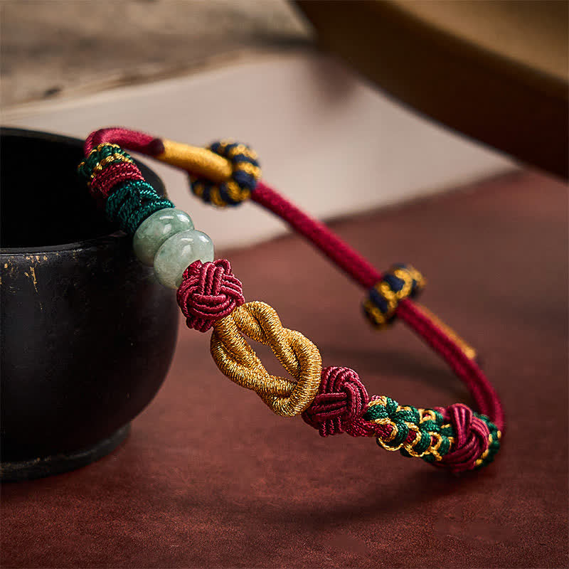 Buddha Stones Bracelet en perles de jade porte-bonheur tissées à la main avec des fleurs de pêcher et un cordon rouge - image 1
