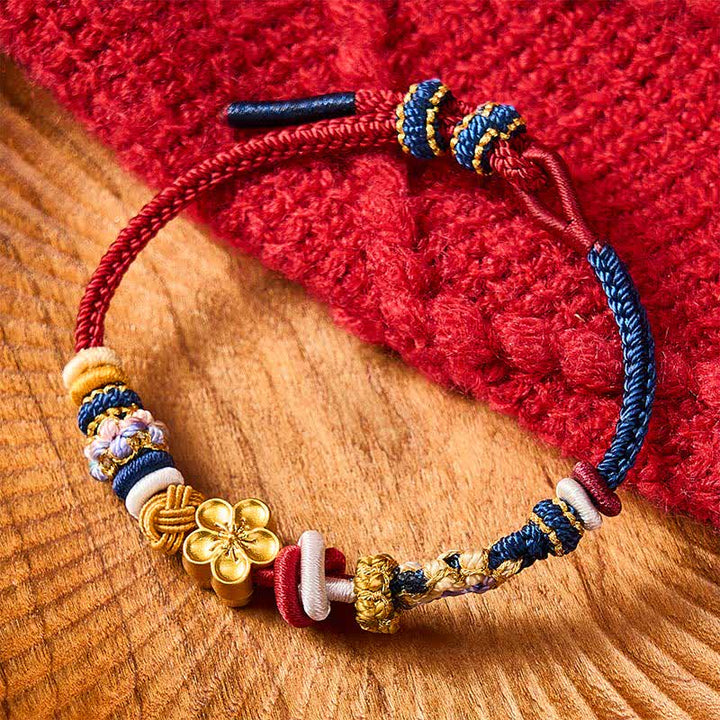 Buddha Stones Bracelet en cordelette rouge marine tissée à la main, motif fleurs de pêcher - image 1