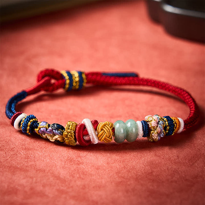 Buddha Stones Bracelet en cordon rouge et bleu marine avec perles de jade porte-bonheur en forme de fleur de pêcher tissées à la main - Rouge marine (Tour de poignet : 15-18 cm) - image 0