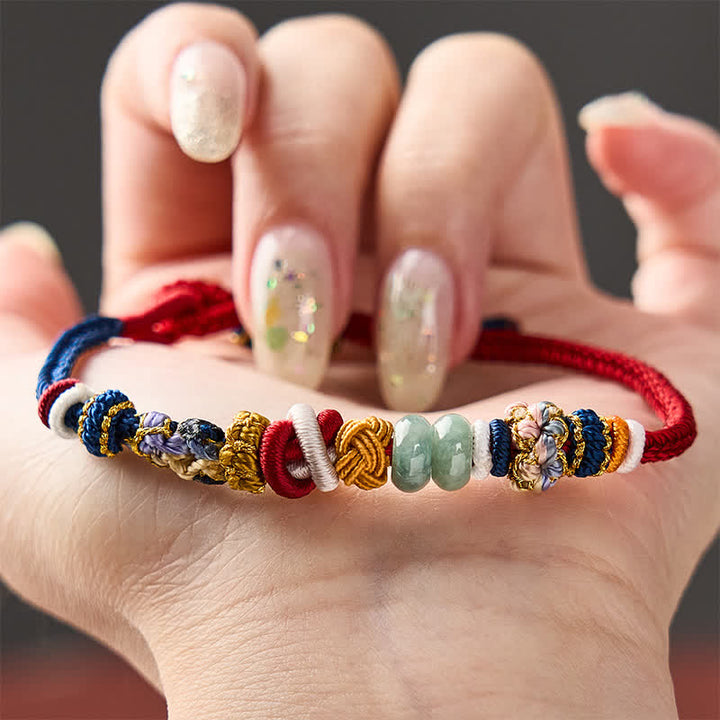 Buddha Stones Bracelet en cordon rouge et bleu marine avec perles de jade porte-bonheur en forme de fleur de pêcher tissées à la main - image 4
