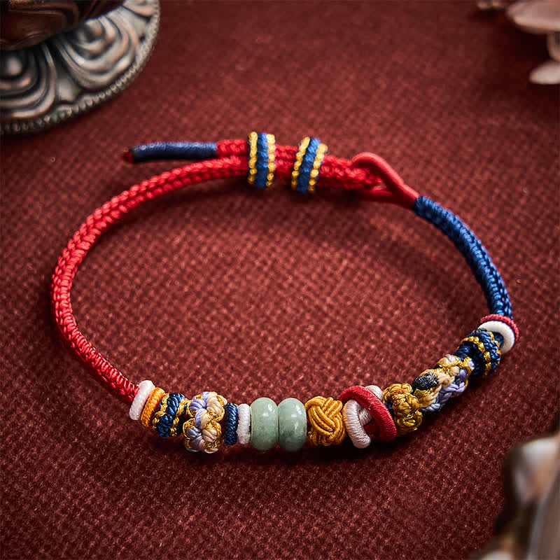 Buddha Stones Bracelet en cordon rouge et bleu marine avec perles de jade porte-bonheur en forme de fleur de pêcher tissées à la main - image 2