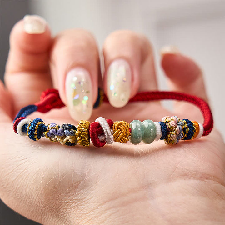 Buddha Stones Bracelet en cordon rouge et bleu marine avec perles de jade porte-bonheur en forme de fleur de pêcher tissées à la main - image 3