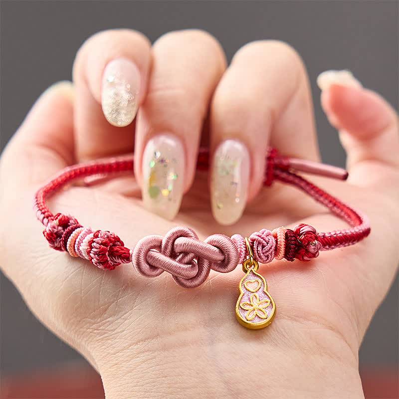 Buddha Stones Bracelet en corde rose tressée à la main « Devenez riche rapidement » en forme de calebasse - Accessoire rose avec gourde - image 0